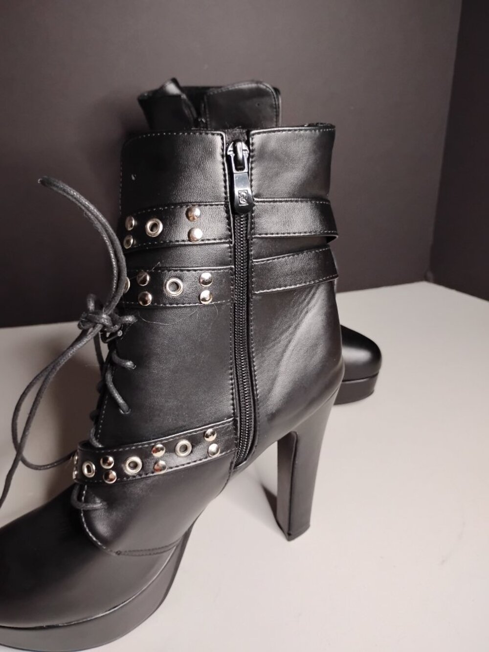 Women Studded Belt Buckle Chunky High Heel Ankle Combat Boots Faux Leather Sz44 - Picture 11 of 12